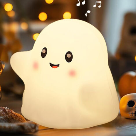 Veilleuse Fantôme Halloween Silicone pour Nursery avec 13 Effets Sonores Interactifs USB Rechargeable avec Minuterie 30 Minutes, Lampe de Chevet Dimmable pour Allaitement, Chambre d'Enfants, Blanc