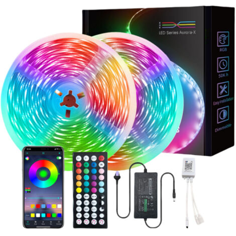 20M Ruban LED Intelligent 5050 RVB Contrôle Vocal Rythme Musical Bluetooth 44 Touches Set Décoration- Norme Européenne - 30 Lumières - 44 Touches Infrarouge + Bluetooth  [10 mètres  2 rouleaux]