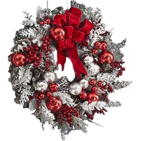 Couronne de Noël artificielle en rotin recouvert de neige, arbre renversé, nœud rouge, ruban, mise en page de la scène, boules brillantes, décoration de porte de Noël, guirlande suspendue pour fête