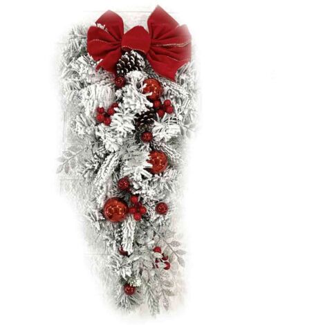 Couronne de Noël artificielle en rotin recouvert de neige, arbre renversé, nœud rouge, ruban, mise en page de la scène, boules brillantes, décoration de porte de Noël, guirlande suspendue pour fête