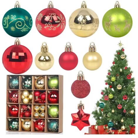 Lot de 44 boules de Noël colorées, boules de Noël multicolores, rouge, vert, or, incassables, en plastique, assorties et lumineuses, à suspendre pour décoration de Noël.