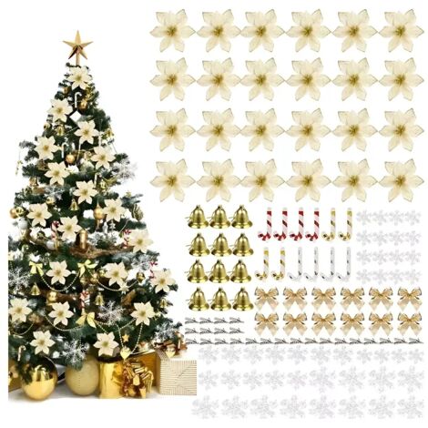 Lot de 120 poinsettias de Noël artificiels à paillettes avec pinces et tiges de baies pour couronne de sapin de Noël, décoration de fête de mariage