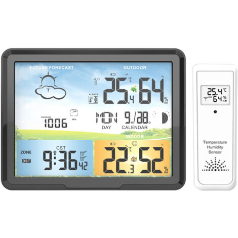 Station météo sans fil avec capteur extérieur, température et humidité intérieur/extérieur, prévisions météo, affichage numérique couleur. (1/5)
