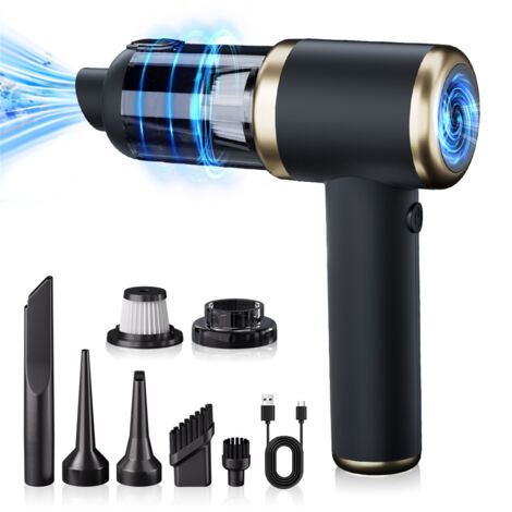 Aspirateur de voiture sans fil, double usage aspiration et soufflage, mini aspirateur électrique. Grande suction, avec brosse, version suprême noir-or [2 filtres + sac aviation]. (1/5)