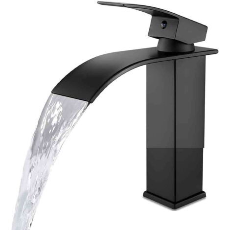 Robinet de salle de bain avec deux tuyaux d'entrée - Eau froide et chaude - Design cascade moderne - Corps de valve en cuivre noir durable. (1/5)