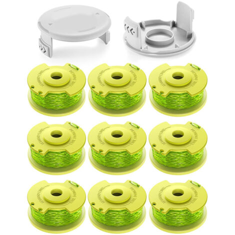 11 bobines de fil 2.0mm pour coupe-bordures Ryobi One+ 18V/24V/40V. Longueur 3.4m, compatible AC14RL3A. Inclut 9 bobines, 2 couvercles. (1/5)