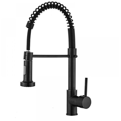 Robinet de cuisine à ressort en S - Fonction unique eau chaude et froide - Acier inoxydable massif noir - Avec tuyau d'entrée - Design ergonomique. (1/5)