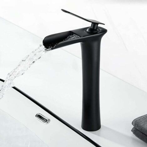 Robinet salle de bain cascade noir mat, mitigeur lavabo haut avec bec de 235mm. Laiton, eau froide et chaude, connexion G 3/8", design contemporain. (1/5)