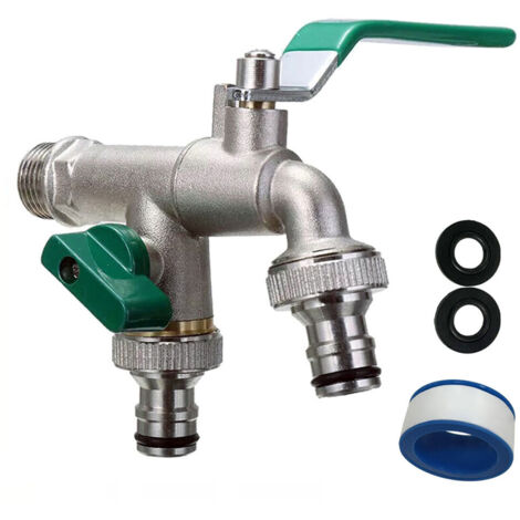 Robinet double sortie avec enrouleur de tuyau - Raccords BSP 1/2 et 3/4 pouce - Étanche pour usage jardin et extérieur - Conception robuste et pratique. (1/5)