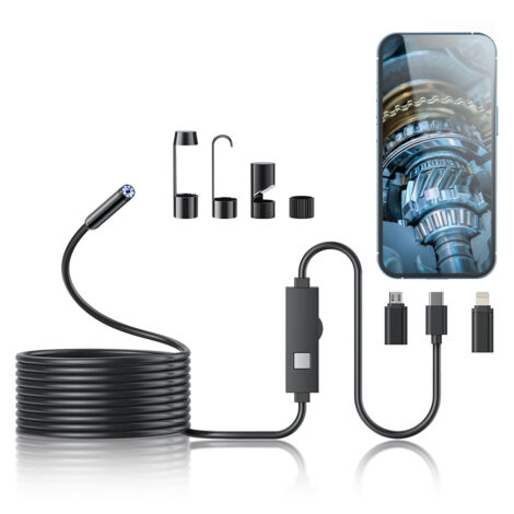 Endoscope HD 1920P - 8 LED réglables - Caméra semi-rigide - Compatible iOS et Android - Câble 5m (16,4 pieds) - Pour inspections techniques. (1/5)