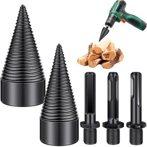 Cône fendeur pour bois - Accessoire pour perceuse - Diviseur de bûches - Pointe en acier haute vitesse - 3 poignées incluses (1/5)