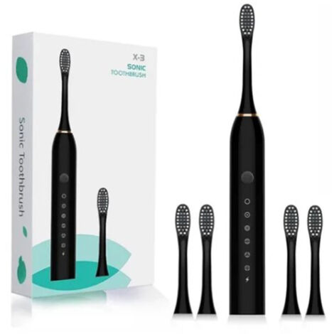 Brosse à dents électrique 6 vitesses - Rechargeable USB - Étanche - 4 brosses adultes/enfants - Noir (1/5)