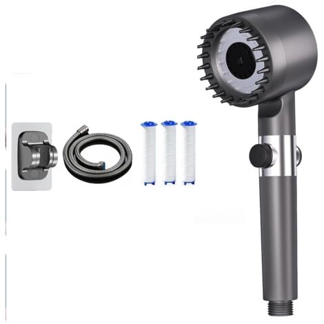 Pommeau de Douche Haute Pression Anti-Calcaire - 4 Types de Jets - Tuyau 1,5m - Support - Bouton Arrêt - Gris (1/5)
