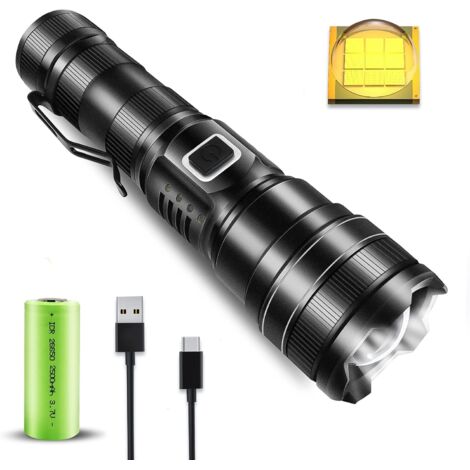 Lampe Torche Ultra Puissante XHP90 - Câble Type-C - IP67 Étanche 5 Modes - pour Camping, Chasse, Urgences (Pile 26650)