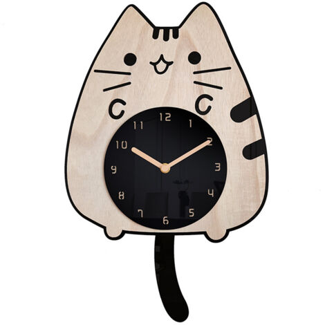 Horloge Murale en Bois "Chat qui Remue la Queue" - Cartoon, Silencieuse et Créative - pour Chambre d'Enfant - avec Pendule (1/5)