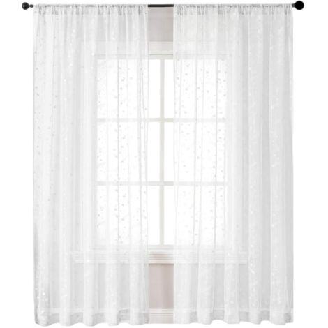 Rideaux Brodés Translucides à Oeillets pour Fenêtres - 2 Pièces 140x180 cm - Motif Étoiles Blanc (1/5)