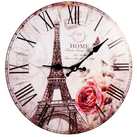 Horloge Murale Rond Style Antique Vintage "Tour Eiffel Paris" en Bois - Décoration de Cuisine ou Salon au Charme Rétro et Parisien (1/5)