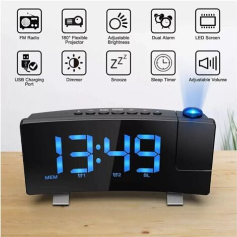 Réveil Radio FM LED avec Projection - Horloge Digitale Radio-Pilotée, Variateur de Luminosité, Horloge de Table avec Alarme et Port USB - Nouveau Modèle (1/5)