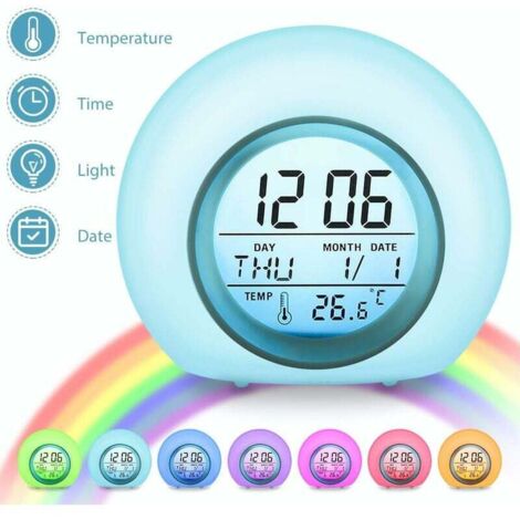 Réveil Numérique Enfant 7 Couleurs - Lampe Réveil avec Calendrier et Thermomètre - Design Créatif Rond avec LED Veilleuse pour Bébé/Enfant (1/5)