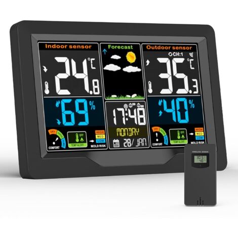 Station Meteo, Station Meteo Interieur Exterieur sans Fil avec Capteur Extérieur, Écran LCD Couleur Numérique, Thermomètre Hygromètre Baromètre des Phases de Lune, PréVision de la TempéRature Météo (1/5)