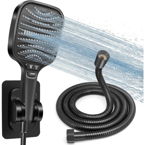 Kit Douche Haute Pression, Pommeau de Douche Anti-Calcaire 120mm 8 Modes + Tuyau 1.5m Inox + Support Sans Perçage, Douchette Économie d'Eau, Compatible Salle de Bain(Noir) (1/5)