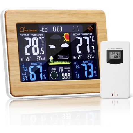 Station météo numérique sans Fil avec capteur extérieur – avec Heure, Date, température, humidité, baromètre, Alarme, Affichage des Phases de Lune, thermomètre Multifonction (1/5)
