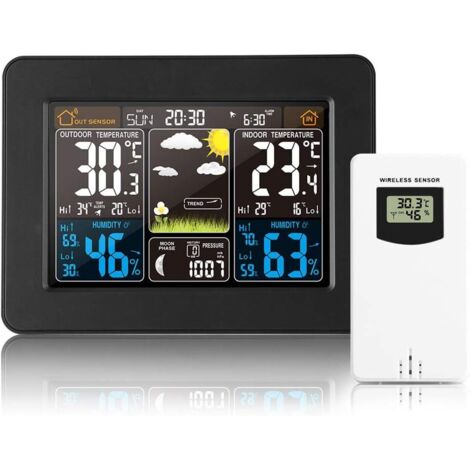 Station météo numérique sans Fil avec capteur extérieur – avec Heure, Date, température, humidité, baromètre, Alarme, Affichage des Phases de Lune, thermomètre Multifonction (Noir) (1/5)