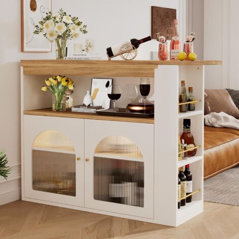 Need – Table de bar haute 138x39x105cm – MDF durable avec façade en verre – Buffet armoire 3 niveaux – Pour salons et bureaux