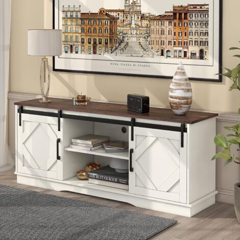 Need – Meuble TV 150 cm avec 2 étagères ouvertes – Armoire TV en panneau de particules – Gestion des câbles – Porte coulissante décor rustique (1/5)