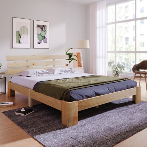 Need – Lit double en bois massif épicéa 200 x 140 cm – Tête de lit avec sommier à lattes – Capacité 160 kg – Design compact pour petits espaces (1/5)