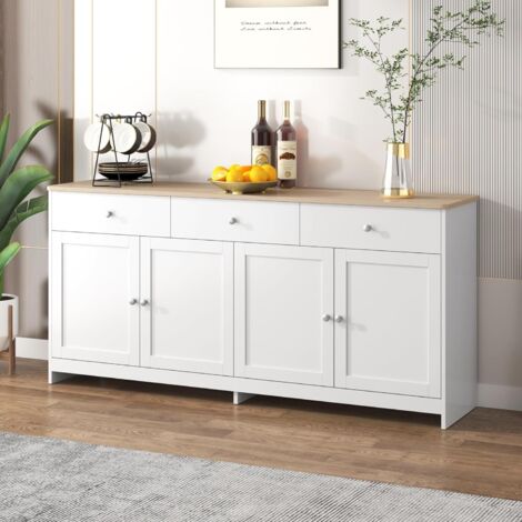 Need – Buffet de cuisine avec 3 tiroirs et 2 armoires – Étagères réglables – MDF blanc et bois – Dimensions 160x37x75cm – Style rustique (1/5)