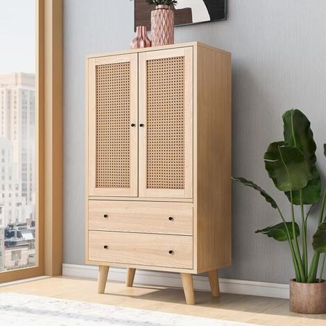 Need – Buffet en panneaux de particules 60x40x120 cm – 2 tiroirs et armoire avec étagère – Design rotin et grain de bois pour salon et cuisine