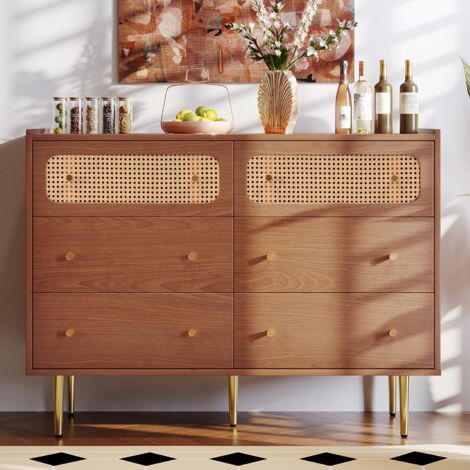 Commode 6 Tiroirs En Rotin Et Bois - Rangement Chambre, Salon - Dimensions 100x34x73 Cm