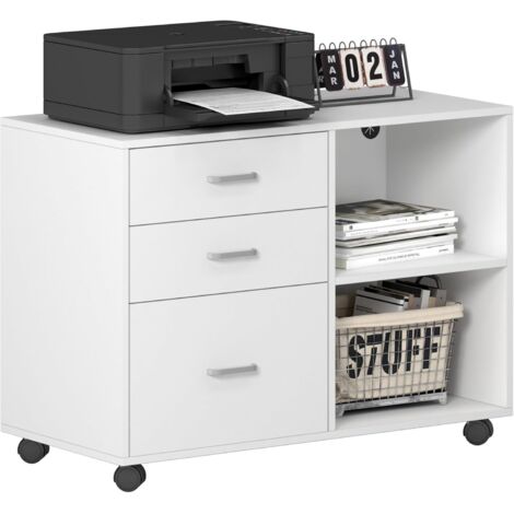SOGES Caisson de Bureau Mobile à roulettes Verrouillables, Meuble de Rangement de Dossiers avec 3 Tiroirs, Support d'Imprimante, Blanc