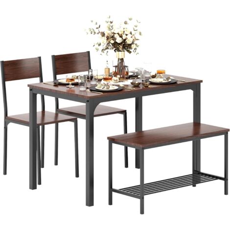 Need – Ensemble table et chaises pour 4 personnes – Table rectangulaire 110x70cm – 2 chaises en bois – Banc de rangement avec étagère – MDF et métal