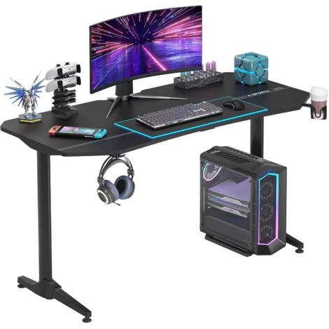 Need – Bureau gamer ergonomique 160x70 cm – Acier et ABS – Charge jusqu'à 150 kg – Tapis de souris étanche – Support de manette et porte-gobelet (1/5)