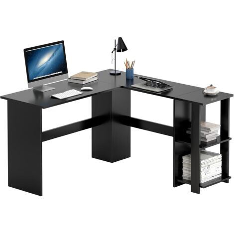 Need – Bureau d'angle en L 130x130x73 cm – Bois de particules solides – 2 étagères ouvertes – Pour études, travail et gaming – Noir