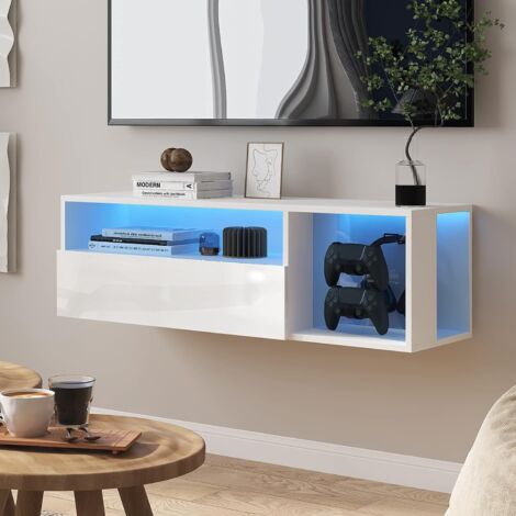 Need – Meuble TV suspendu 100cm avec éclairage LED – 20 couleurs, 19 modes dynamiques – Panneaux de particules anti-rayures – Gestion des câbles (1/5)