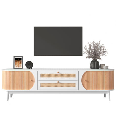 SOGES Meuble TV en bois naturel avec portes et tiroirs. Meuble TV avec côtés en rotin. Solution de rangement, style champêtre naturel.Blanc (1/5)