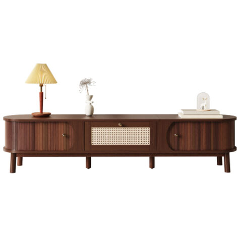 SOGES Meuble TV avec portes en bois naturel et tiroirs en rotin. Des solutions de rangement naturelles pour une ambiance rustique.Marron (1/5)