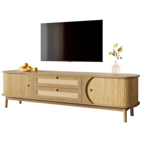 SOGES Meuble TV en bois naturel avec portes et tiroirs. Support TV avec côtés en rotin. Solution de rangement, style champêtre naturel. (1/5)