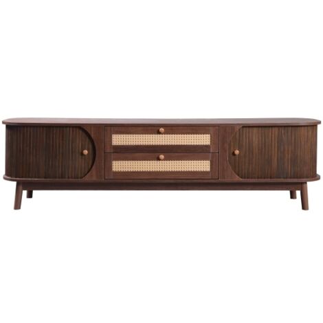 SOGES Meuble TV en bois naturel avec portes et tiroirs avec côtés en rotin. Solution de rangement, style champêtre naturel.Marron (1/5)