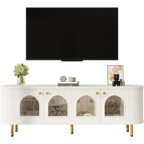 SOGES Meuble TV bas avec portes vitrées, meuble de rangement pratique pour le salon, poignées et pieds dorés,Blanc (1/5)