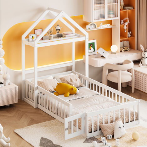 Lit Montessori 90x190 Lit Montessori Enfant 90x200 Blanc - Lit Sol Avec Barrière Sécurité - Bois Pin Naturel Chambre Enfant Lit Bas