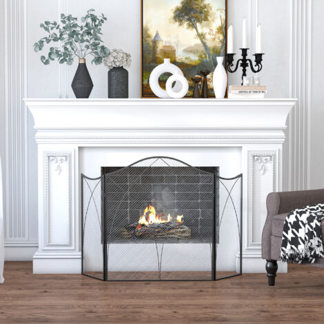Pare-feu Pliable à 3 Panneaux en Fer forgé, Maille décorative arquée, écran de cheminée en métal Noir, Conception de Feuilles (Noir) The New