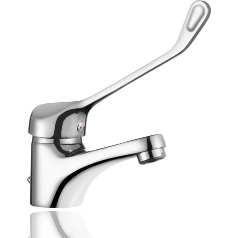 HOMSSY Grifo Gerontológico para Lavabo, Mezclador Monomando de Baño, Grifo Medical con Maneta Higiénica de Codo, Diseño Ergonómico, Acabado Cromado Plata (1/5)