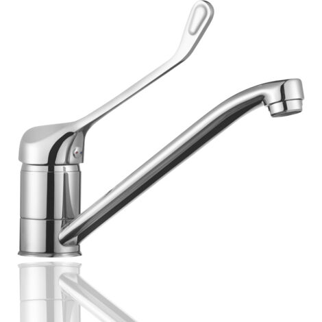 HOMSSY Grifo Gerontológico para Cocina, Mezclador Monomando de Fregadero, Grifo Medical con Maneta Higiénica de Codo, Diseño Ergonómico, Acabado Cromado Plata