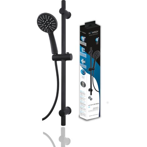 HOMSSY - Barra de Ducha Regulable negro mate 70 cm – Conjunto de Ducha en Acero Inoxidable con Alcachofa de Mano 5 Funciones, Manguera Flexible 1,75 m y Soporte Ajustable