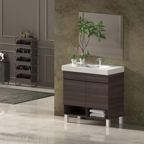 Conjunto de Baño NEBARI con patas - 7 colores distintos 2 puertas o un cajón a elegir- incluye mueble, lavabo y espejo se envía MONTADO Fresno Tea 60x45Cm