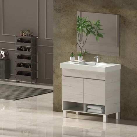 Conjunto de Baño NEBARI con patas - 7 colores distintos 2 puertas o un cajón a elegir- incluye mueble, lavabo y espejo se envía MONTADO Blanco Nórdico 60x45Cm (1/4)
